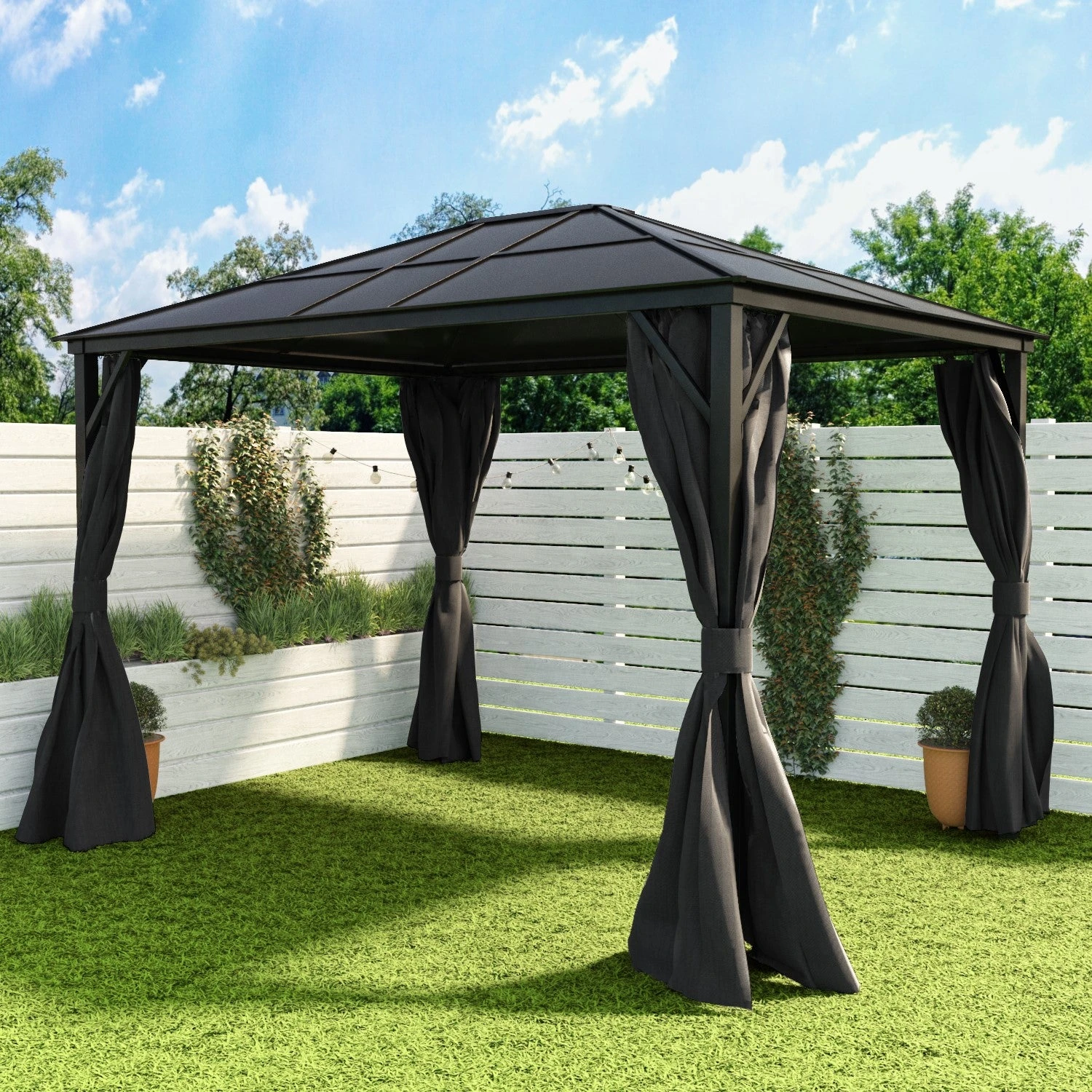 Fortrose 3x4m Black Metal Garden Gazebo With Grey Roof And Sides 2 Fortrose 3x4m Black Metal Garden Gazebo With Grey Roof And Sides - Image 2