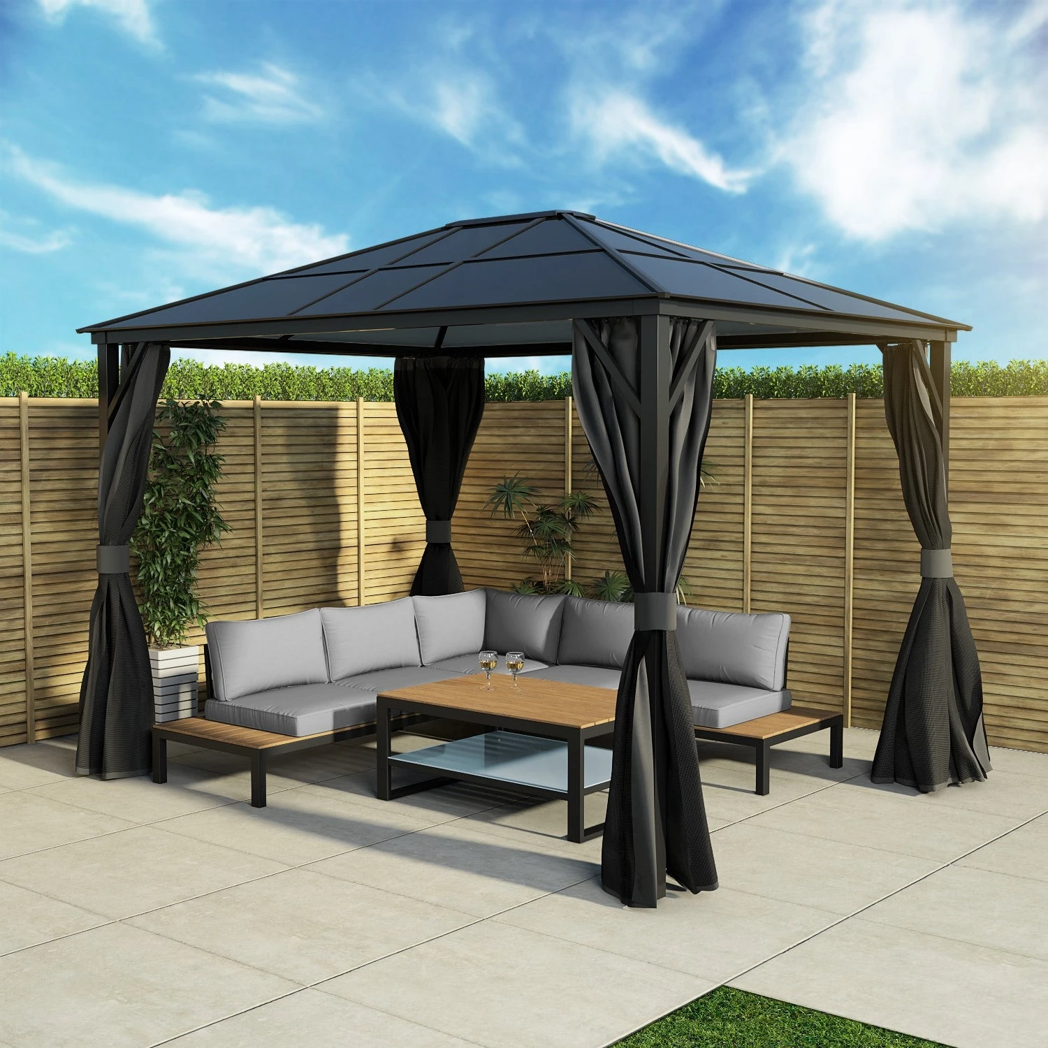 Fortrose 3x4m Black Metal Garden Gazebo With Grey Roof And Sides 4 Fortrose 3x4m Black Metal Garden Gazebo With Grey Roof And Sides - Image 4