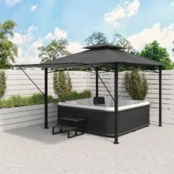 Fortrose 3x3m Black Metal BBQ Shelter Gazebo With Grey Canopy Roof And Retractable Side