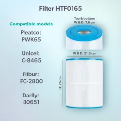 HTF0165 65sq Ft Hot Tub Filter - Hot Spring 8 HTF0165 65sq Ft Hot Tub Filter - Hot Spring -Blue Wave Supplies Model compatibility dims HTF0165