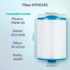HTF0245/PWW50 50sq Ft Hot Tub Filter - Jacuzzi Lodge S & L, Paradise, Retreat, Look, Mist & Haze -Blue Wave Supplies Model compatibility dims HTF0245