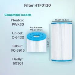 HTF0130 30sq Ft Hot Tub Filter - Hot Springs -Blue Wave Supplies Model compatibility dims HTF130