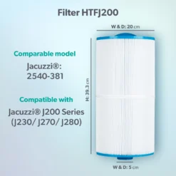Jacuzzi® J230/J270/J280™ 2008-2012 95sq Ft Hot Tub Filter - 2540-381 -Blue Wave Supplies Model compatibility dims HTFJ200